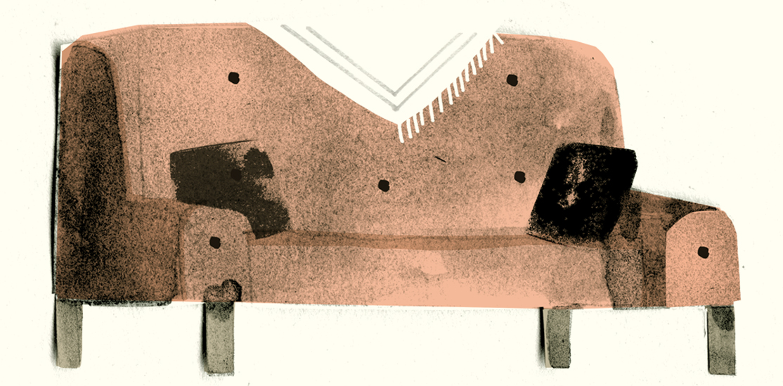 Illustration of a light pink couch with two cushions and a white blanket draped over the top.