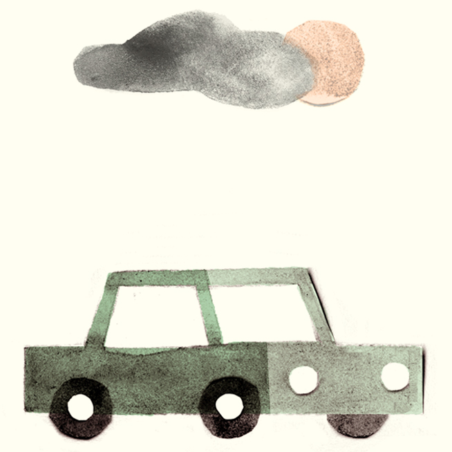 Illustration of a green car under a sun and cloud