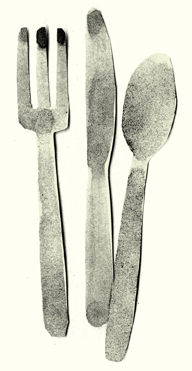 Illustration of a silver fork, knife, and spoon