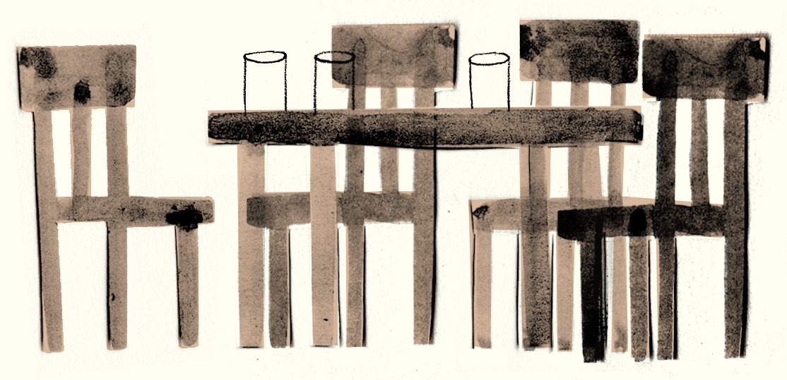 Illustration of four wooden chairs around a table with empty drinking glasses on top.