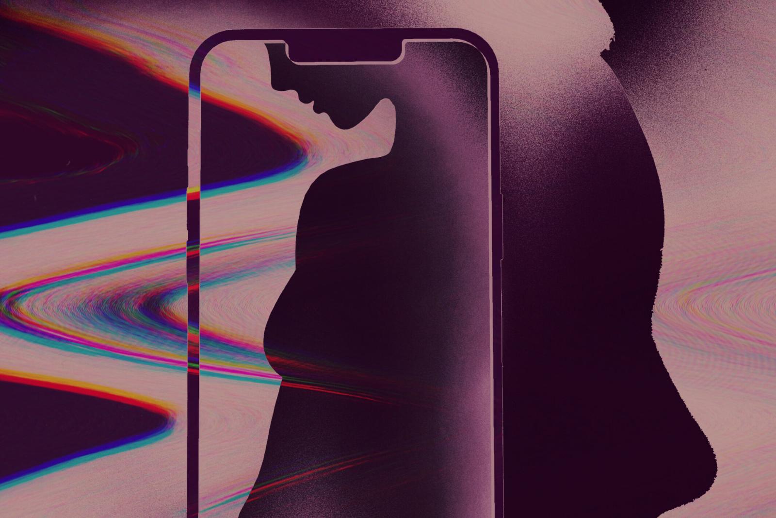 An illustration of two distorted purple silhouettes, one of which is positioned inside a smartphone.