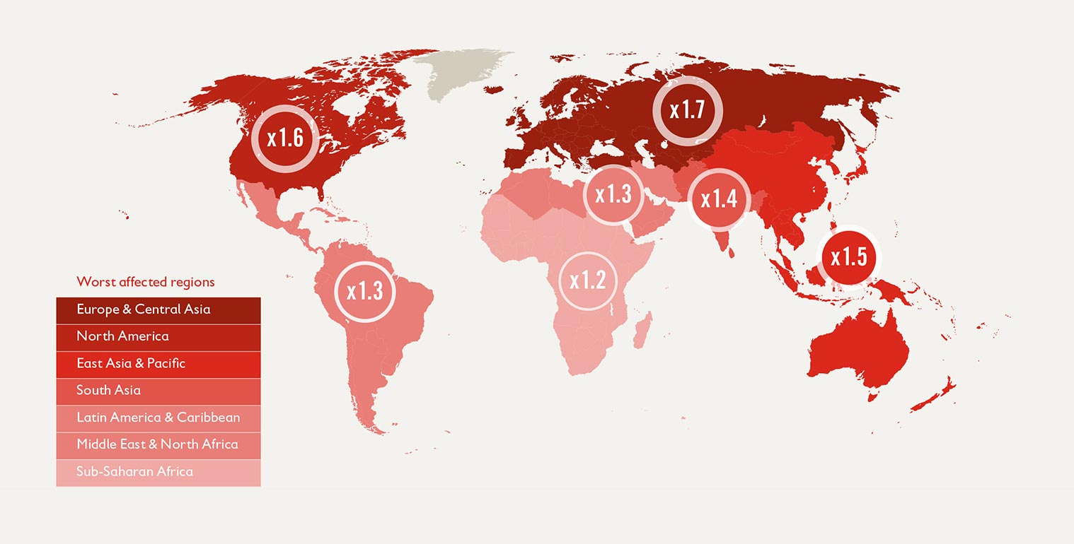 Regional increase in lifetime exposure to wildfires for children born in 2020.