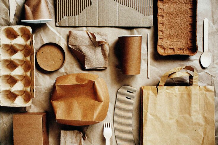 A photo of different disposable food containers and utensils made out of paper and cardboard.