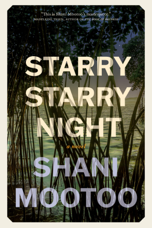 The cover for Starry Starry Night which features the block letters of the title and author in white and grey against a dark scene showing reeds and grass at the edge of water