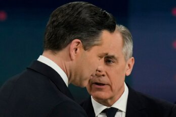 A photo of Pierre Poilivre in profile with Mark Carney facing him, his face partially obscured