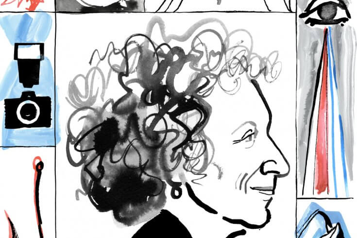 An illustration of the writer, Margaret Atwood, in profile. She is facing the right and has a halo of wild, curly hair.