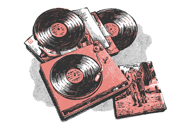 Illustration of record players and Bob Dylan albums. 