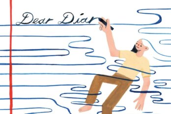 An illustration of a person floating between lined paper in the middle of writing “Dear Diary” on the top margin.