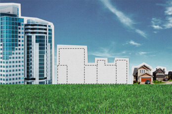 A photo illustration of an empty dotted outline of mid-rise buildings between high-rise buildings and single-detached suburban homes.