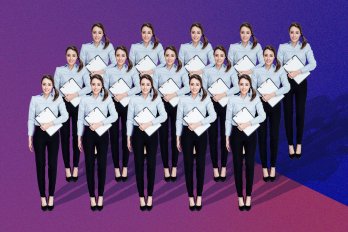 Three rows of identical women standing together