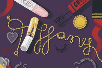 Illustration of various makeup products and jewelry alongside a positive pregnancy test on a purple background. A gold chain spells the name "Tiffany" in the centre of the image.