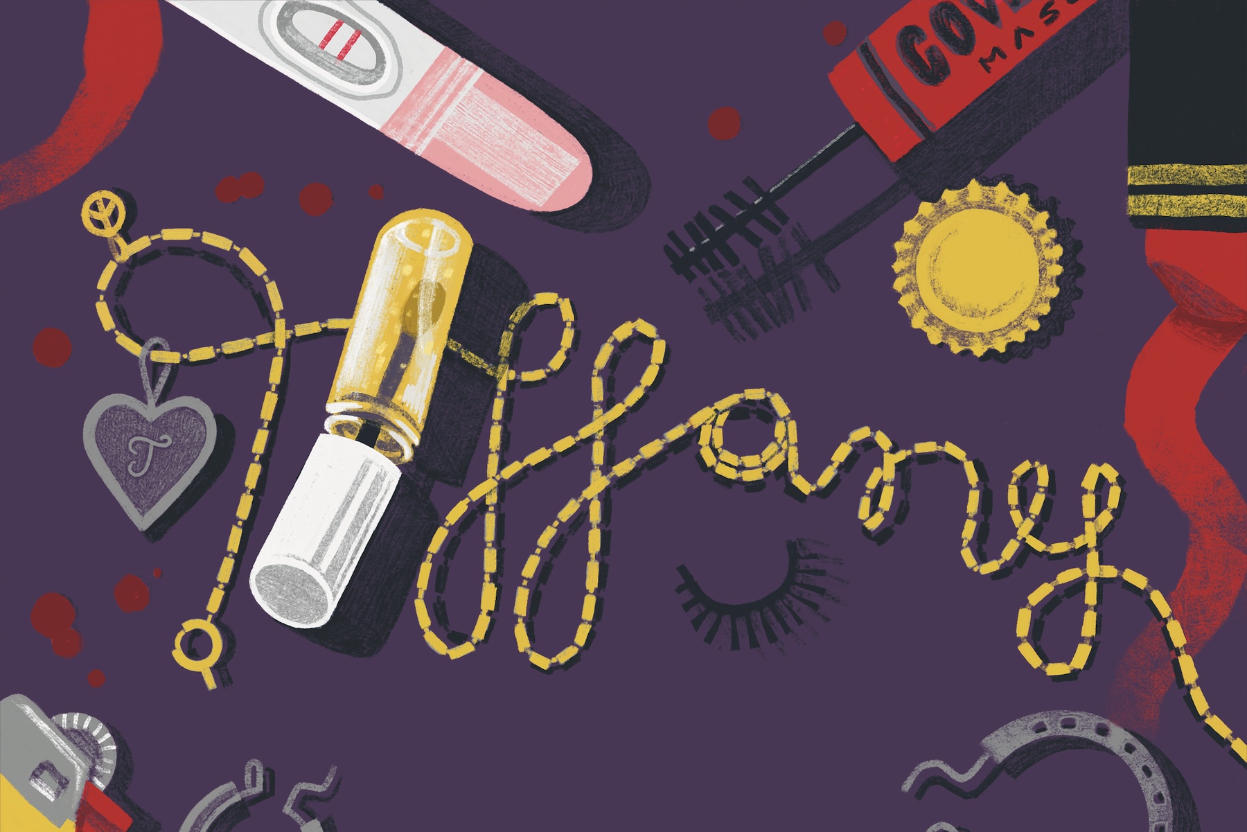 Illustration of various makeup products and jewelry alongside a positive pregnancy test on a purple background. A gold chain spells the name "Tiffany" in the centre of the image.