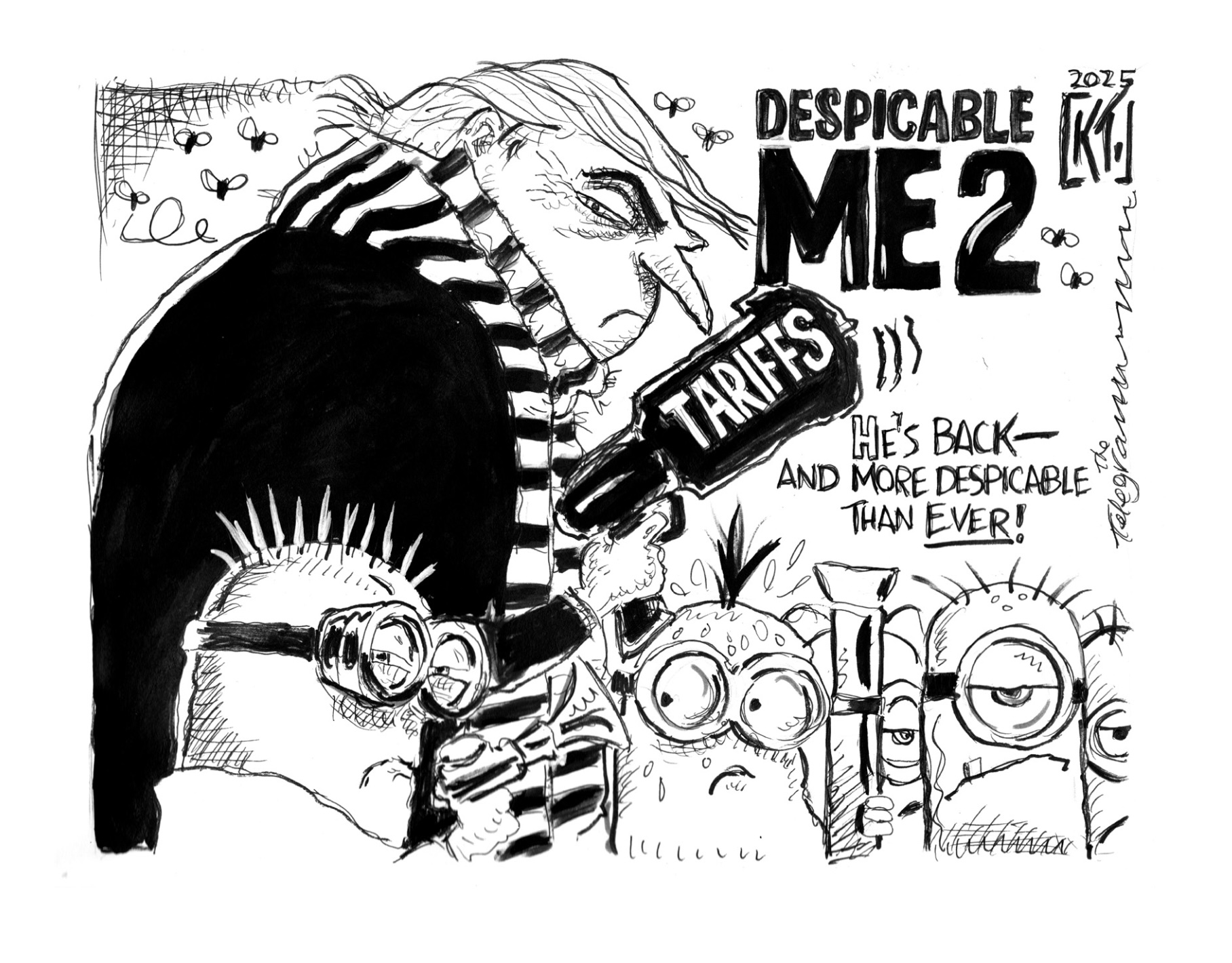 Political cartoon parodying Despicable Me. Donald Trump is portrayed as the villainous Gru.