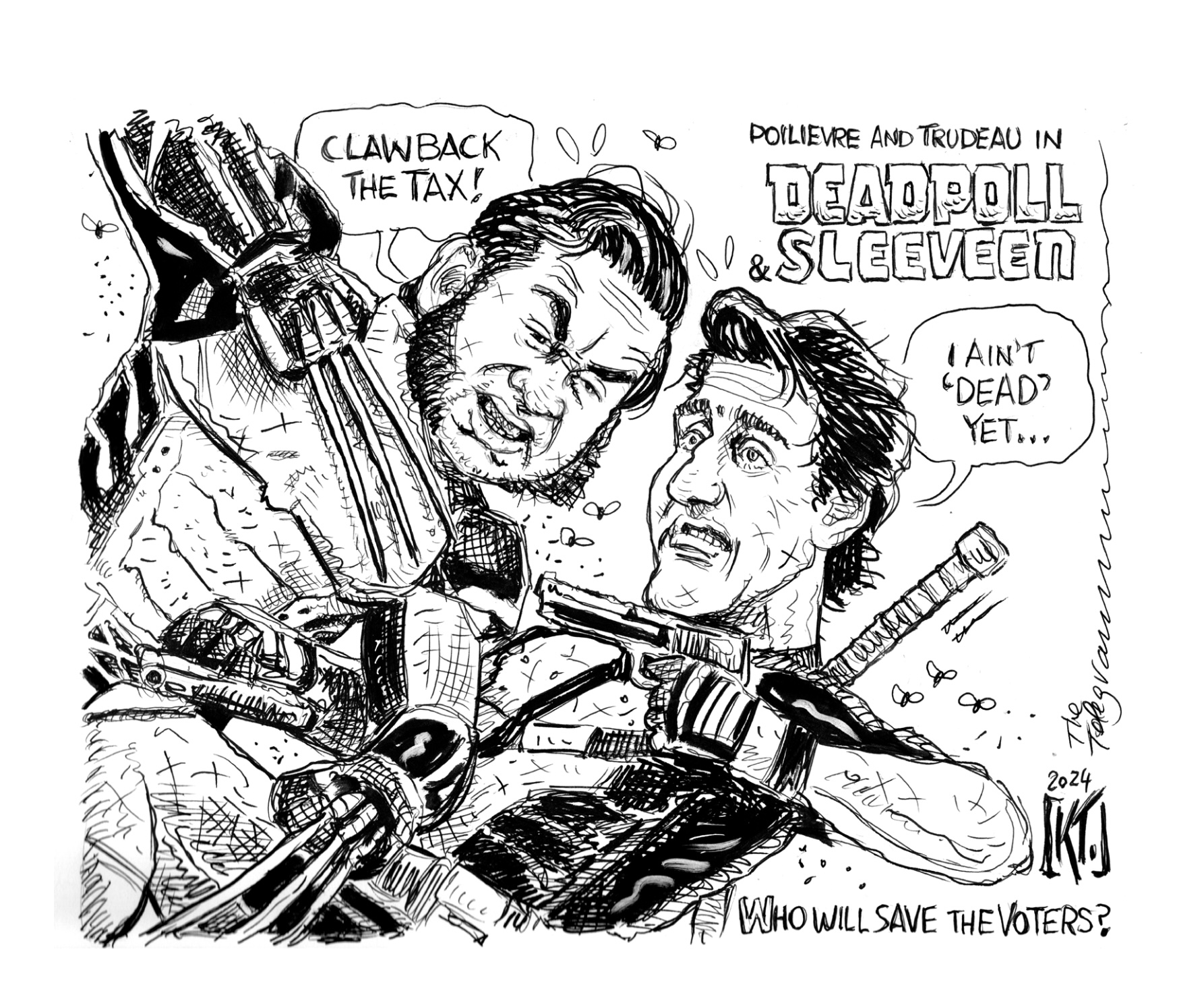 Political cartoon depicting Prime Minister Justin Trudeau as Deadpool fighting Pierre Poilievre as Wolverine.