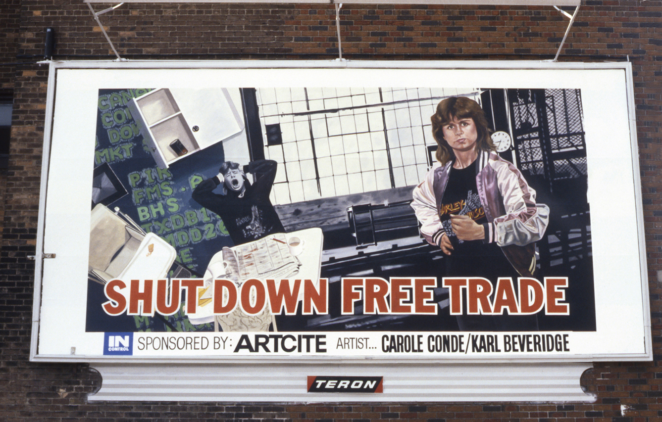 Photo of a billboard art piece. There are two people in the art work which reads Shut Down Free Trade.