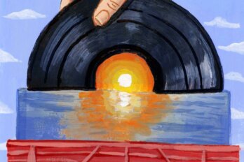 An illustration of a hand pulling a record halfway out of a sleeve in a crate. The centre of the record looks like a sunset reflecting off of the sleeve, which looks like an ocean horizon.