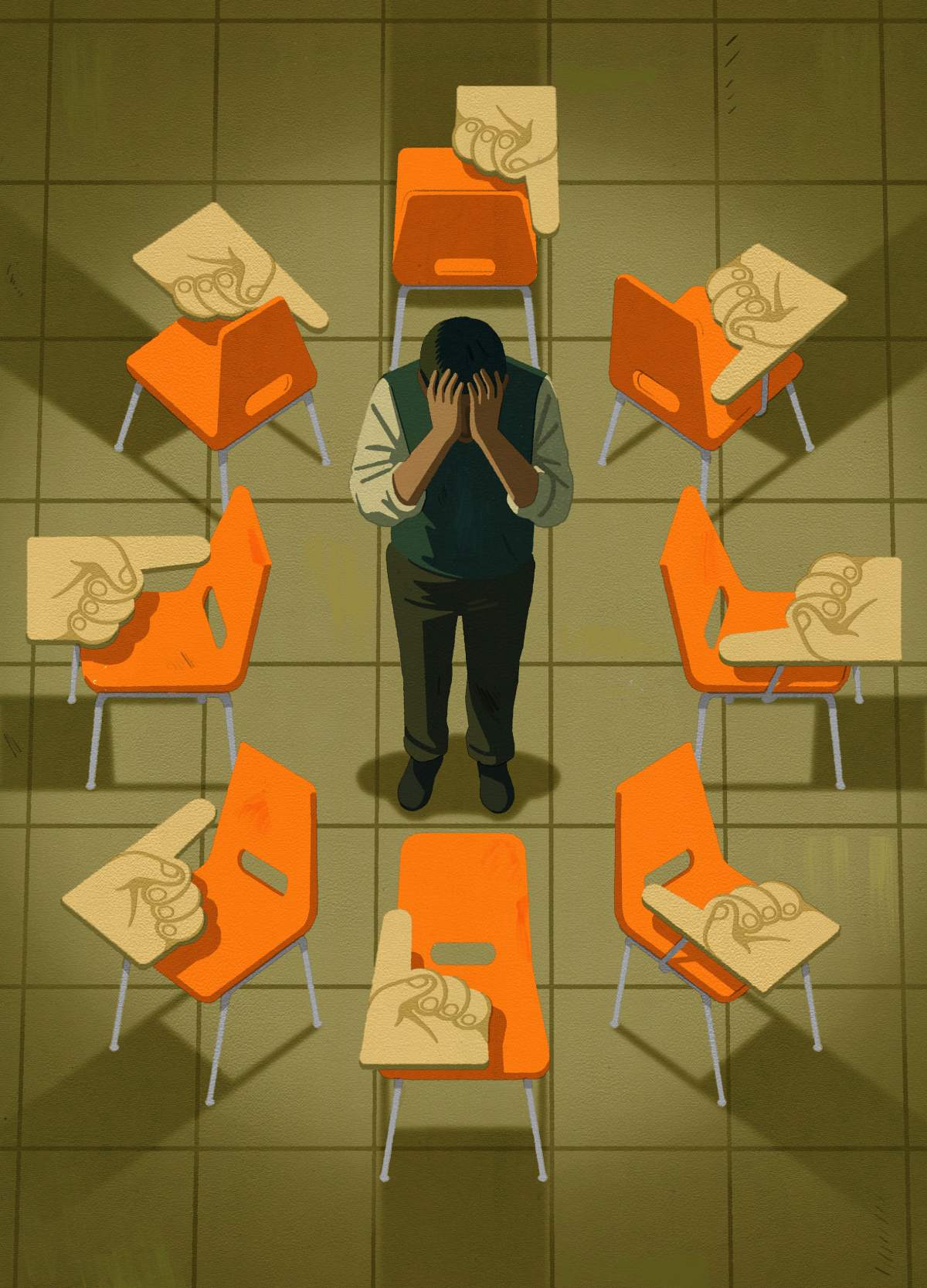 An illustration of a man, his hands covering his face, surrounded by orange school chairs with a circle of hands pointing fingers at him