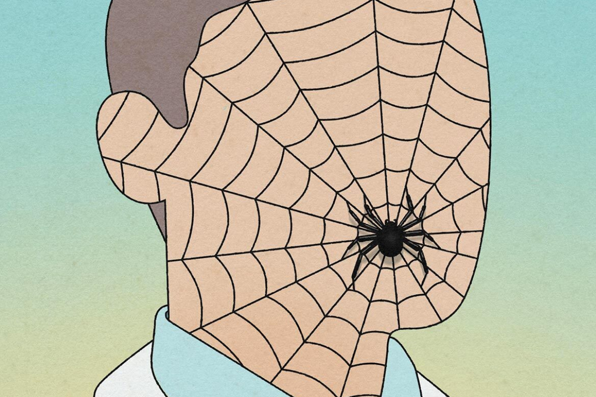 An illustration of man in a lab coat against a blue-green background. His face has no features but a spider web and spider.