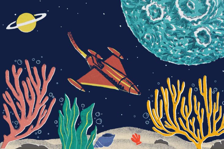 A collage of a sea floor illustration under an illustration of a spaceship and two planets.