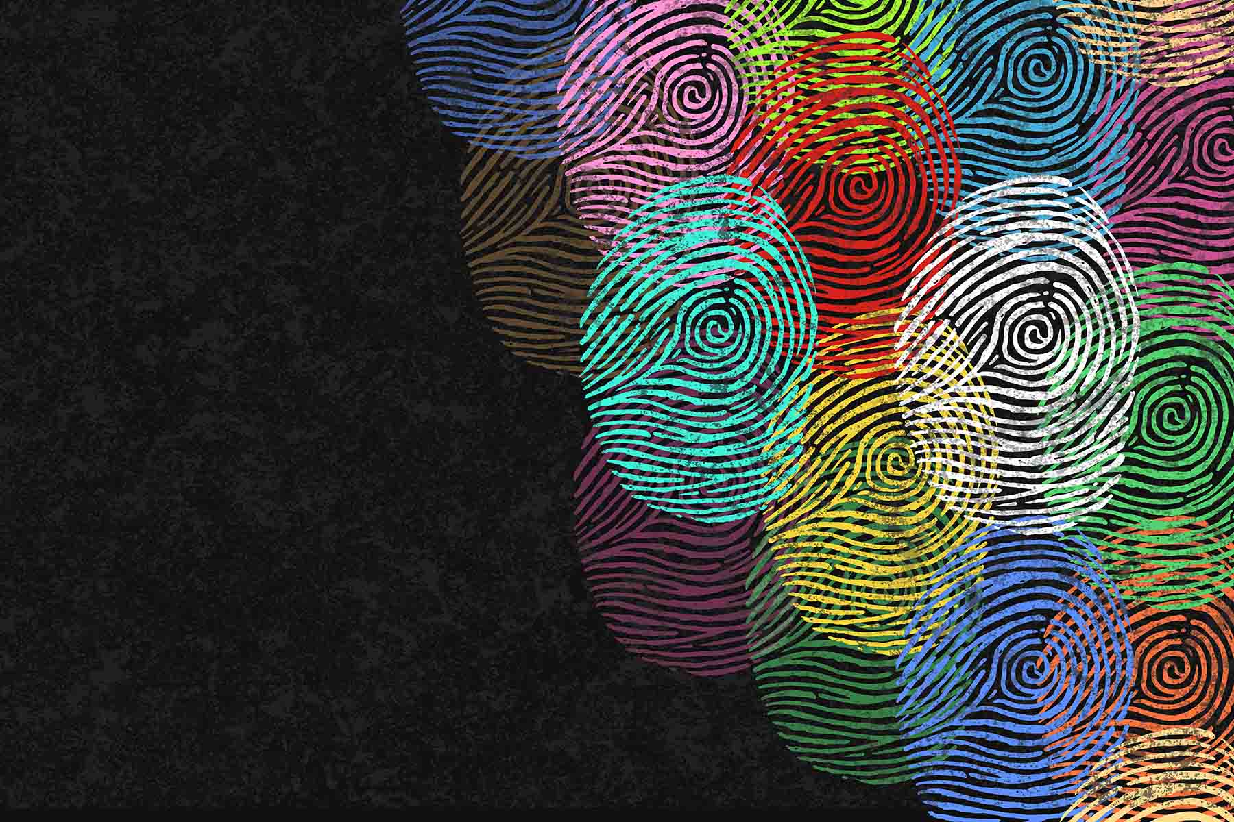 An illustration of overlapping fingerprints in different colours against a mottled black background.