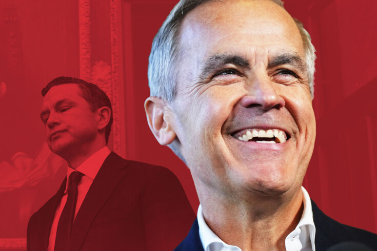 A photo illustration featuring Mark Carney's smiling face in the foreground. The red-tinged background features Pierre Poilievre looking off to the side