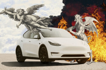 A photo illustration featuring a white Tesla. The sky is split between heavenly white clouds and the fires of hell. Black-and-white illustrations of an angel and devil flank the car.