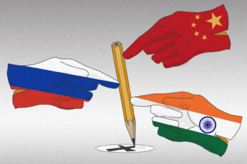An illustration of three separate hands holding up a pencil marking an X. The hands each show the flags of Russia, India, and China