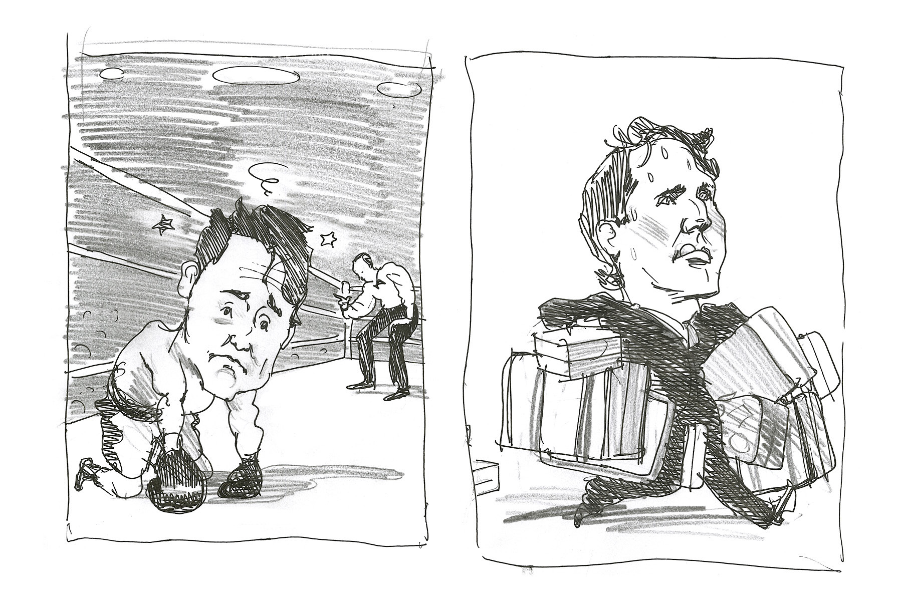 Two black and white cartoon sketches of Justin Trudeau