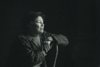 Greyscale photograph of Mavis Gallant in profile.