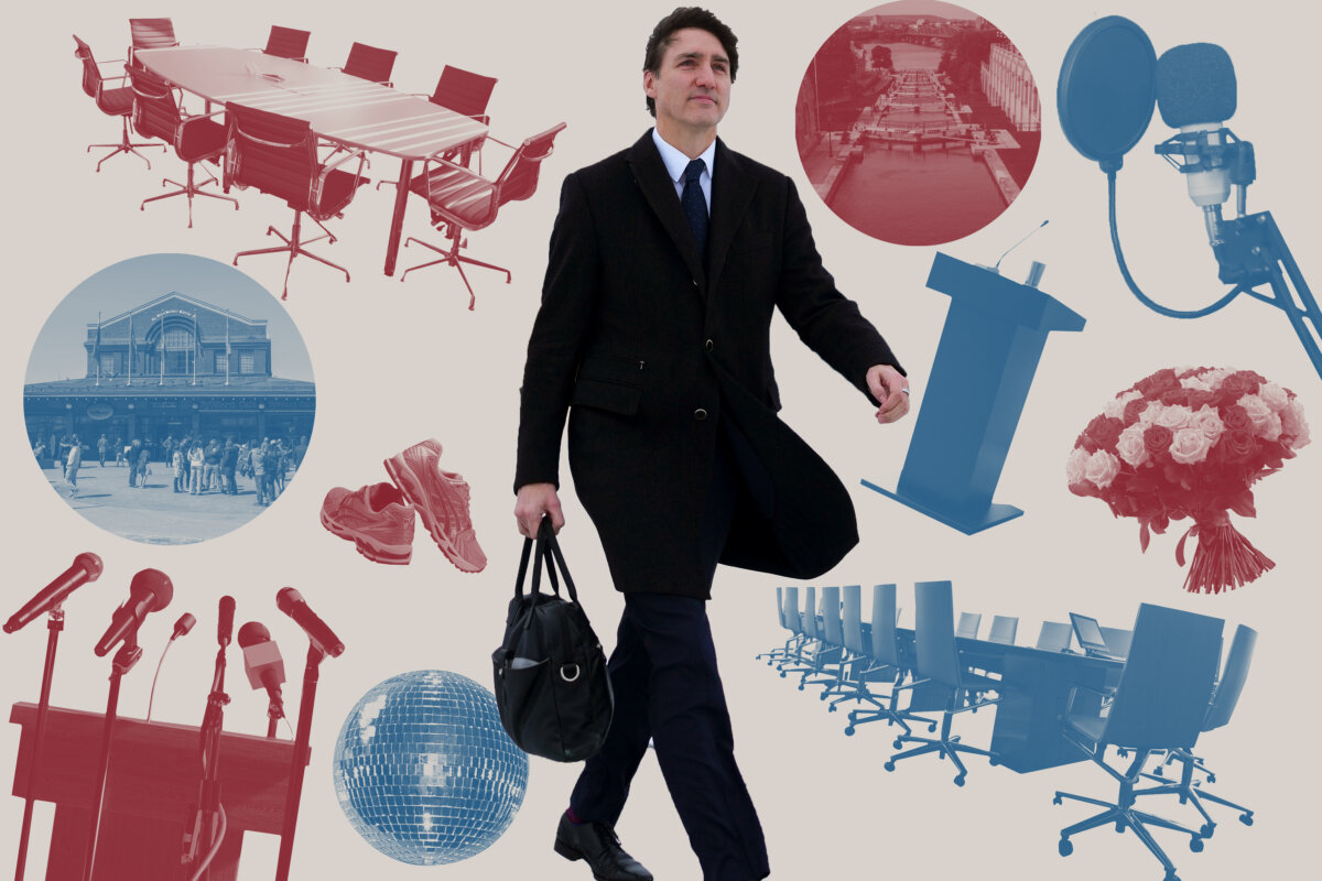 Photo illustration shows a striding Justin Trudeau in black with a bag in hand, surrounded by cutouts of different things symbolizing his likely life after leaving the prime minister's office: boardroom tables, a bouquet of flowers, podiums with microphones, and so on.