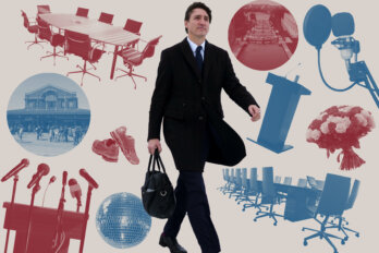 Photo illustration shows a striding Justin Trudeau in black with a bag in hand, surrounded by cutouts of different things symbolizing his likely life after leaving the prime minister's office: boardroom tables, a bouquet of flowers, podiums with microphones, and so on.