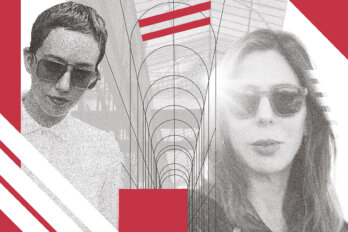 Two black-and-white, grainy images of Rachel Kushner and Whitney Mallett against a red, black, and grey Swiss International-style background