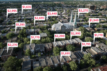An aerial view of Montreal with the prices of rentals is white and red bubbles