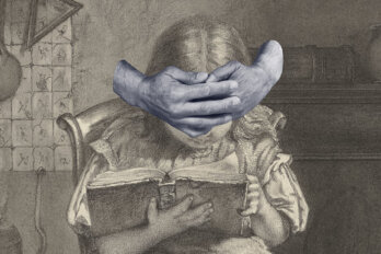 A pair of disembodied covers a girl's eyes as she tries to read.