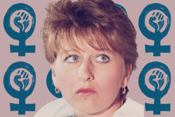 A photo of Chantal Daigle against a beige background with blue female symbols and raised fists