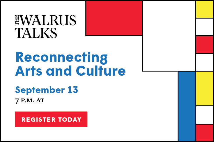 White background with squares on the right in different colors and text that reads "The Walrus Talks Reconnecting Arts and Culture Sep 13 7:00 PM.  register today