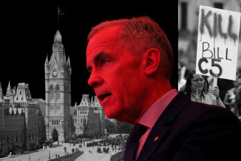 A cut out of Mark Carney facing parliament with protestors holding "Kill Bill C5" behind him.