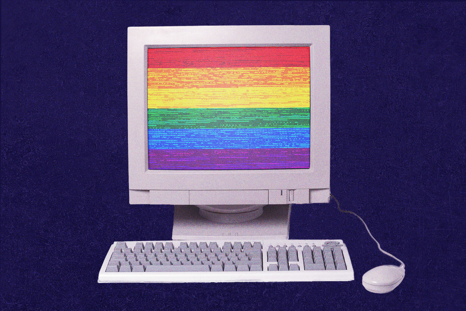 Image of a vintage, white desktop computer displaying a rainbow flag on a dark blue background.