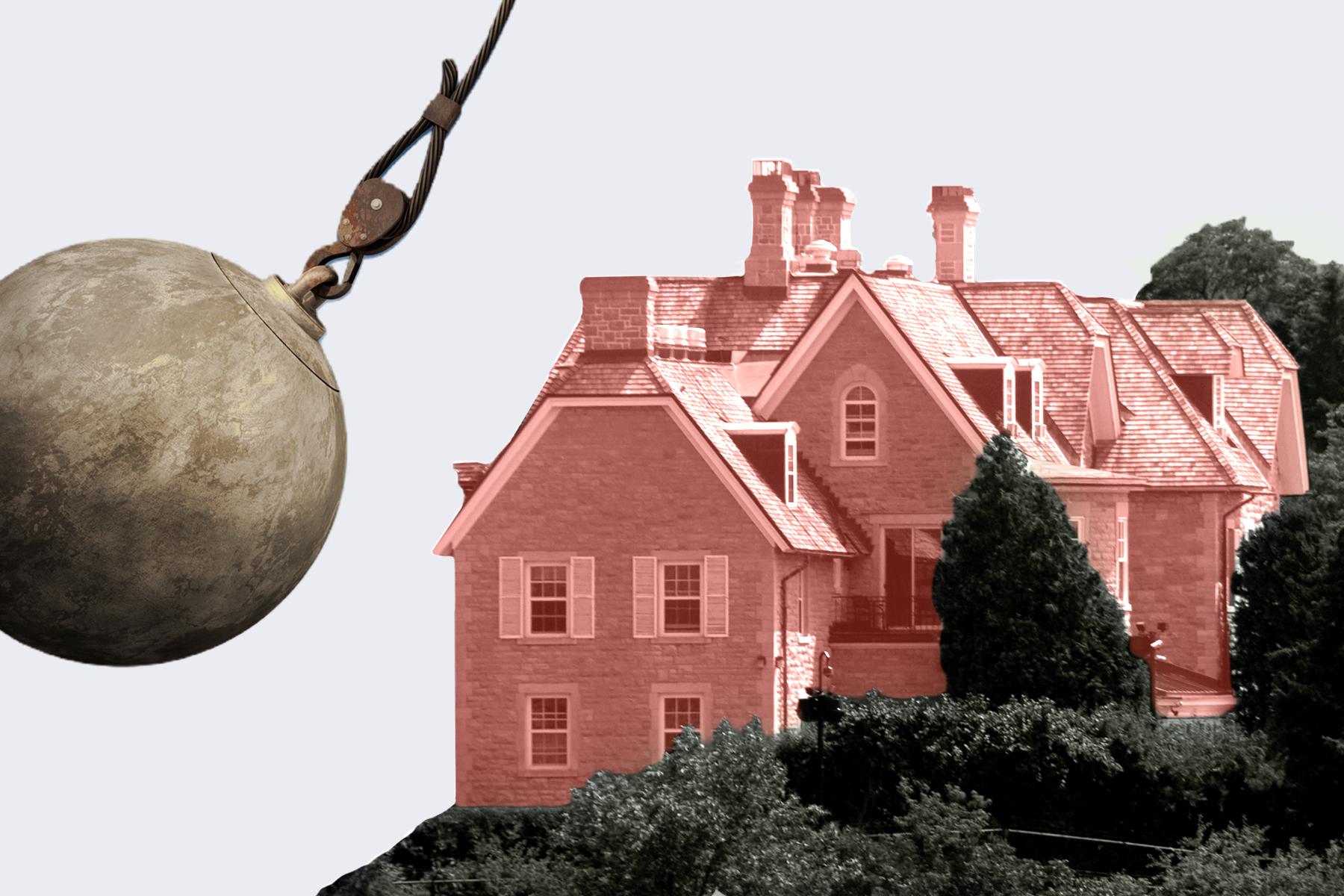 Photo of the executive residence 24 Sussex Drive in monochrome red with a wrecking ball swinging toward it.