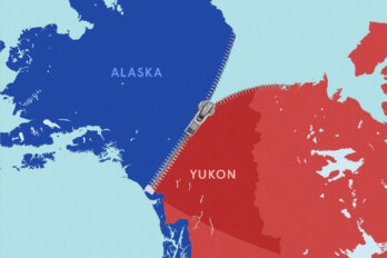 A photo illustration of a map of the north, Alaska in blue, the Yukon in red. The border between the two is being zipped apart