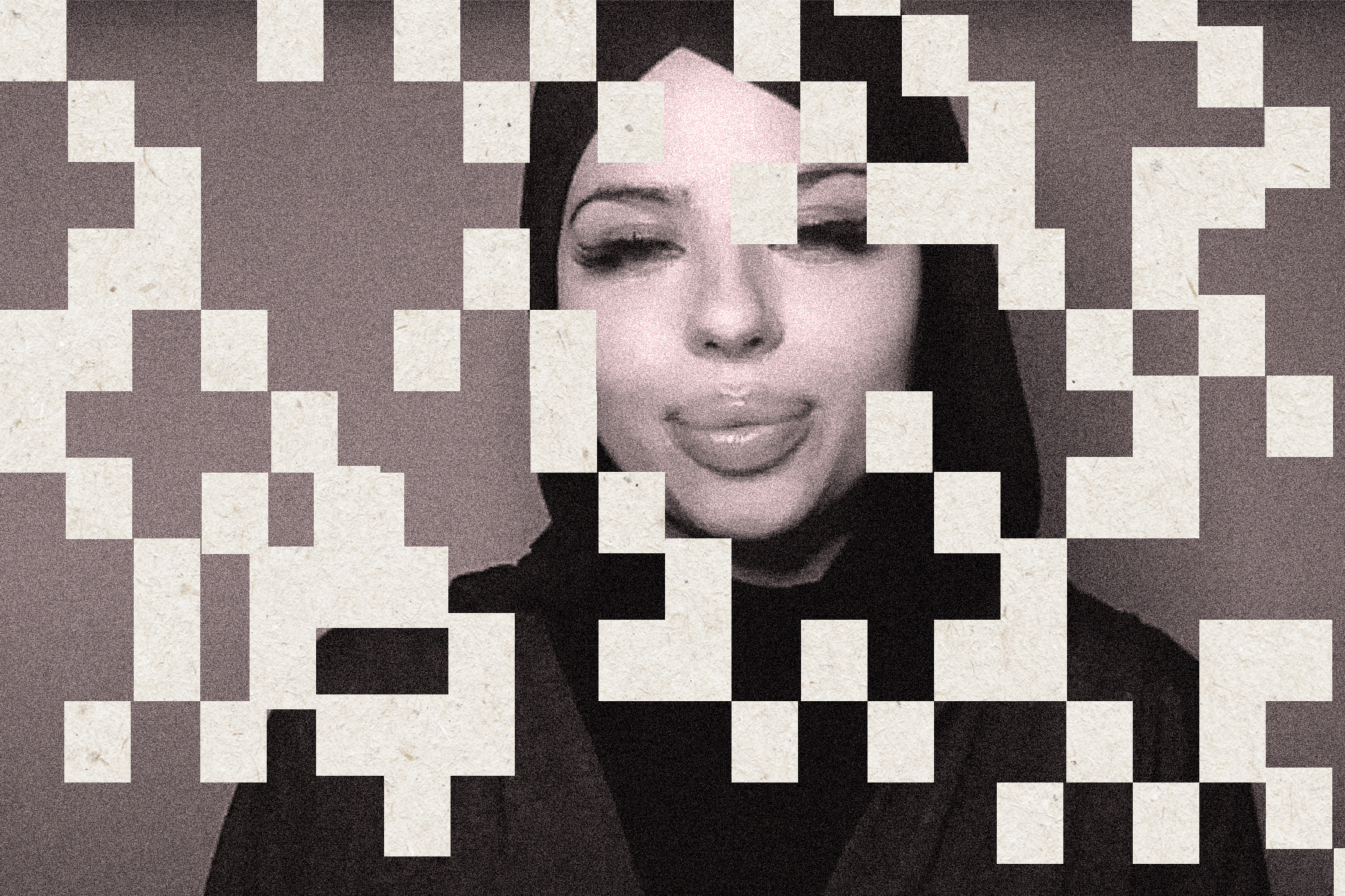 A photo illustration featuring a black-and-white portrait of a woman smiling in a hijab. Parts of the image are blocked out with pieces of paper.
