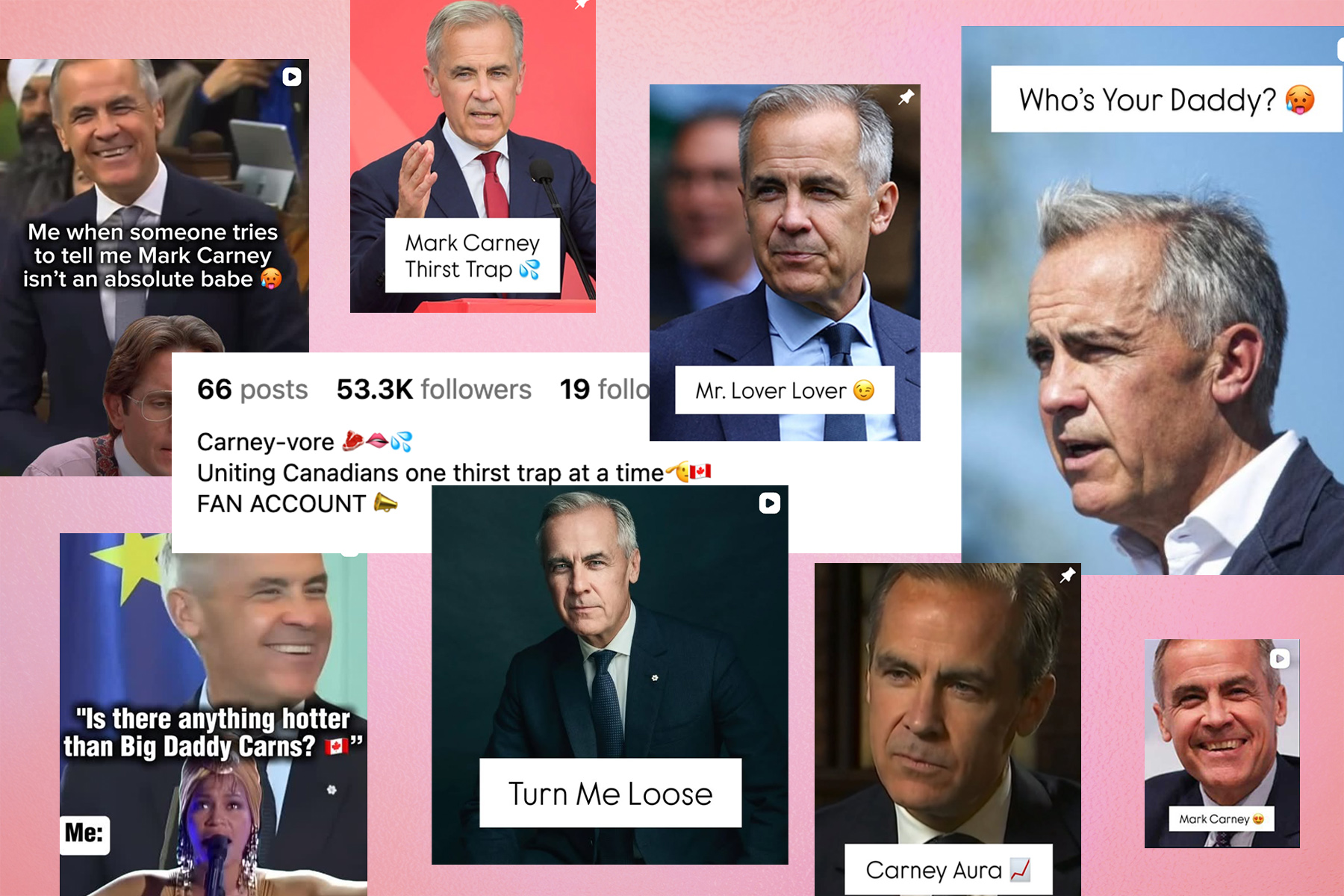 Collage of images of Prime Minister Mark Carney and Instagram thirst trap captions praising him on a pink background.