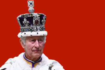 A photo illustration of King Charles wearing a large crown in front of a red background