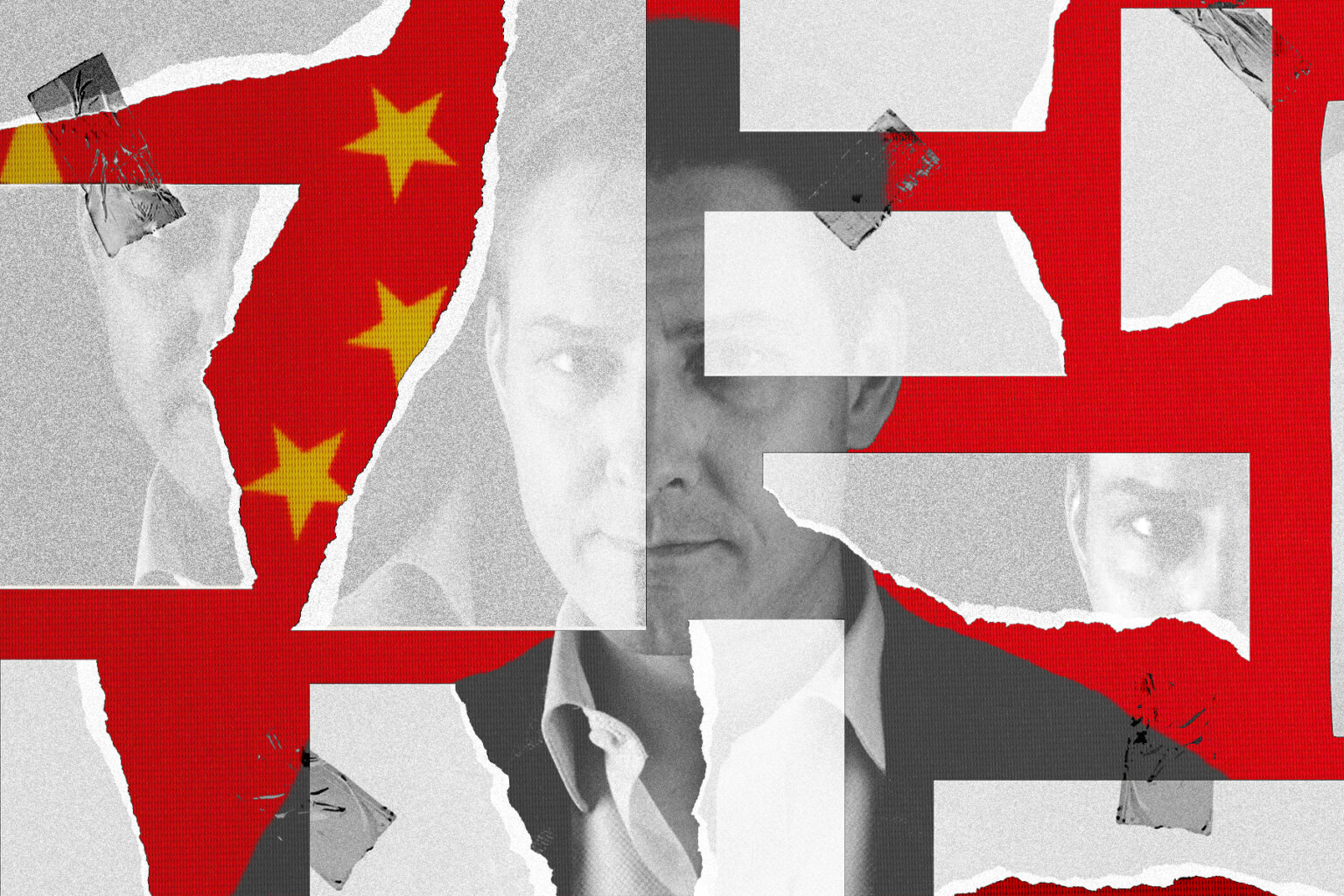 A photo illustration that shows a photo of the writer, Michael Kovrig, against a backdrop of the flag of China stuck together with tape