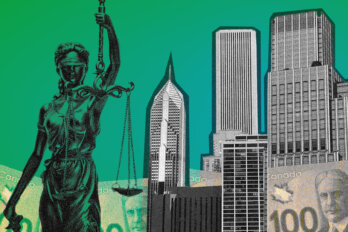 A photo illustration of a statue of justice holding scales next to several skyscrapers. The green background fades into Canadian dollar bills