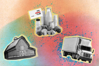 An illustration featuring a black and white picture of a barn, groceries including milk, eggs, and cheese, and a truck, against a colourful pink, green, and peach background