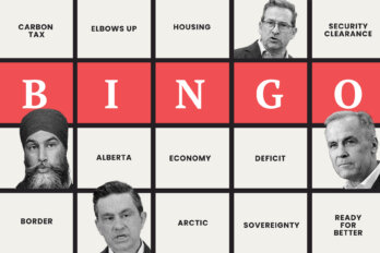 A bingo card featuring words and phrases and black-and-white head shots of the four main Canadian political party leaders