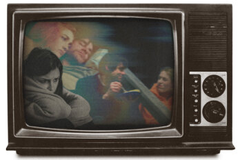 Photo illustration shows shots from the move Eternal Sunshine of the Spotless Mind superimposed on the screen of a vintage TV