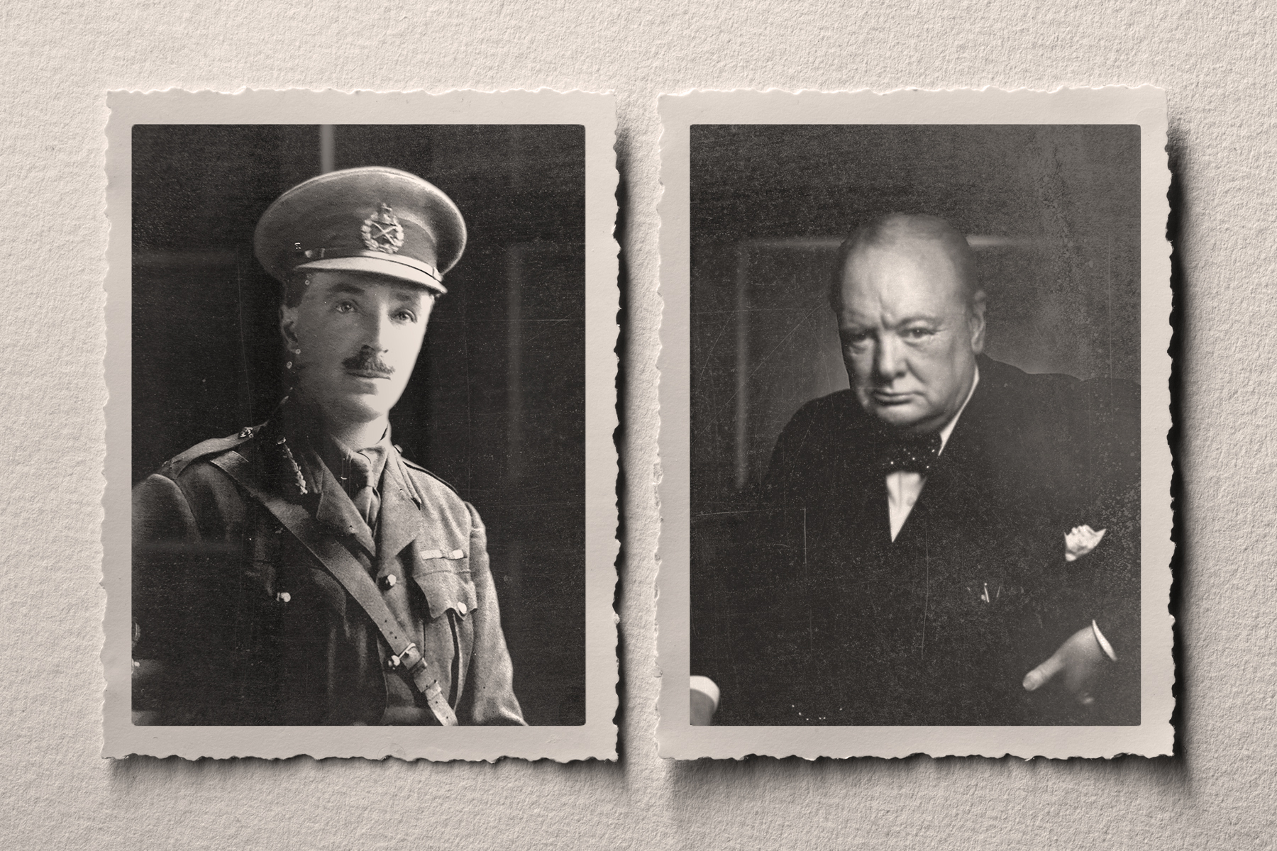 A composite photo that shows two portraits next to each other, one of Hugh Tudor in military uniform, and the other of Winston Churchill