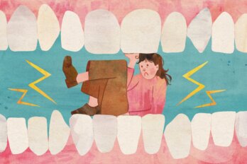 Illustration of a person curled up between two rows of teeth.